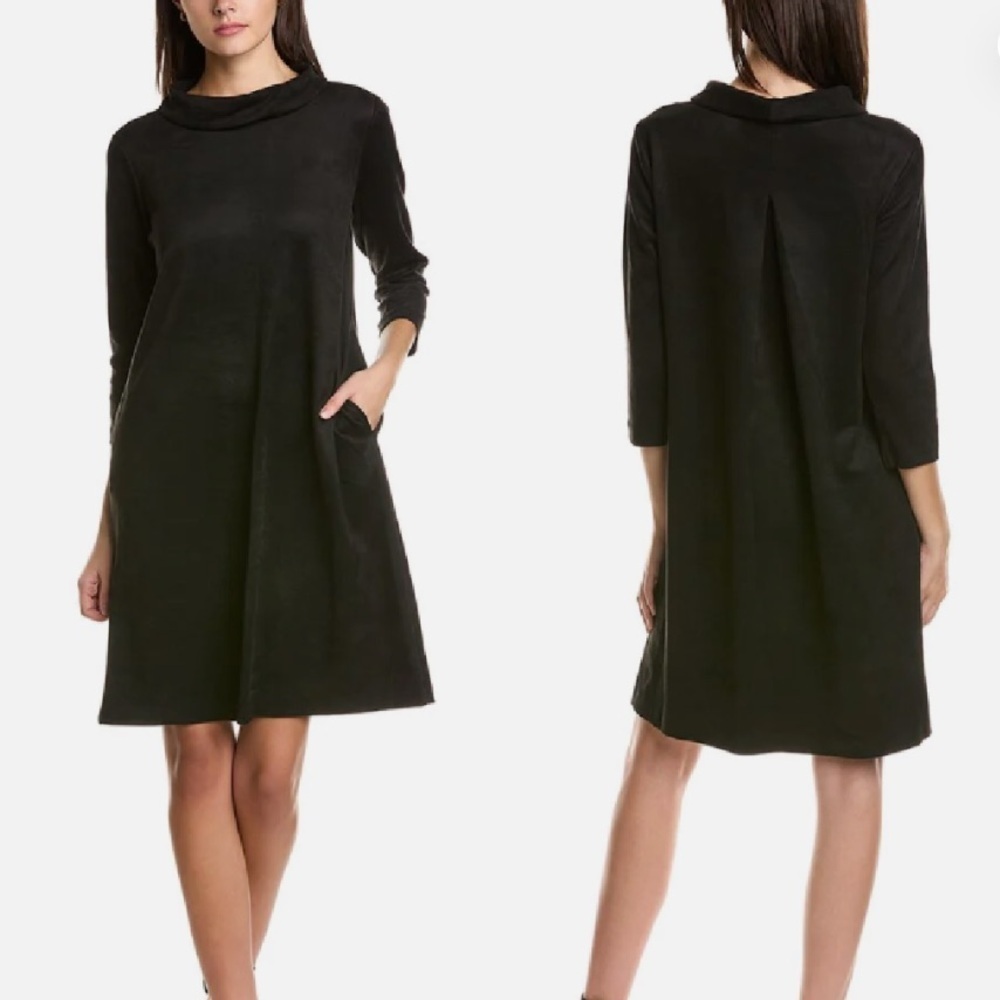 J McLaughlin Lenka Shift Dress Medium Black Jacquard 3/4 Sleeve Roll Collar L